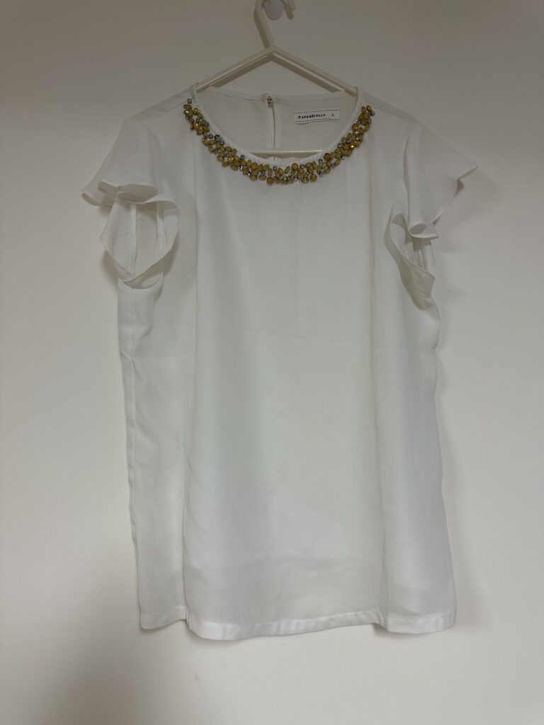 Short Sleeve Stone Embroidered Neckline Top